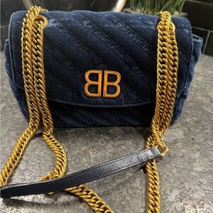 Authentic Balenciaga Dark Blue Quilted Bag with Gold Chain